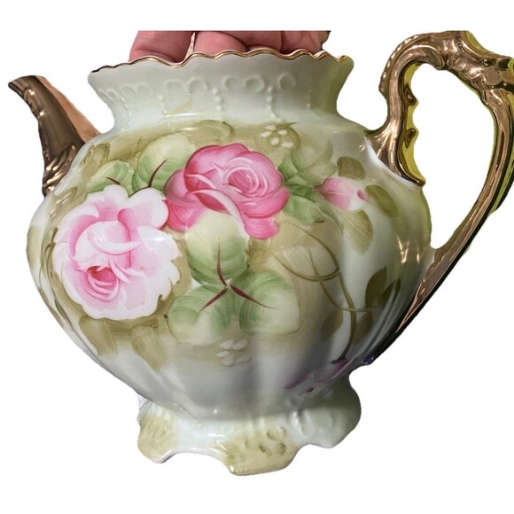 Teapot w/ Lid Heritage Green by Lefton VNTG Green Gold Trim and Pink Floral 792 - Picture 3 of 16